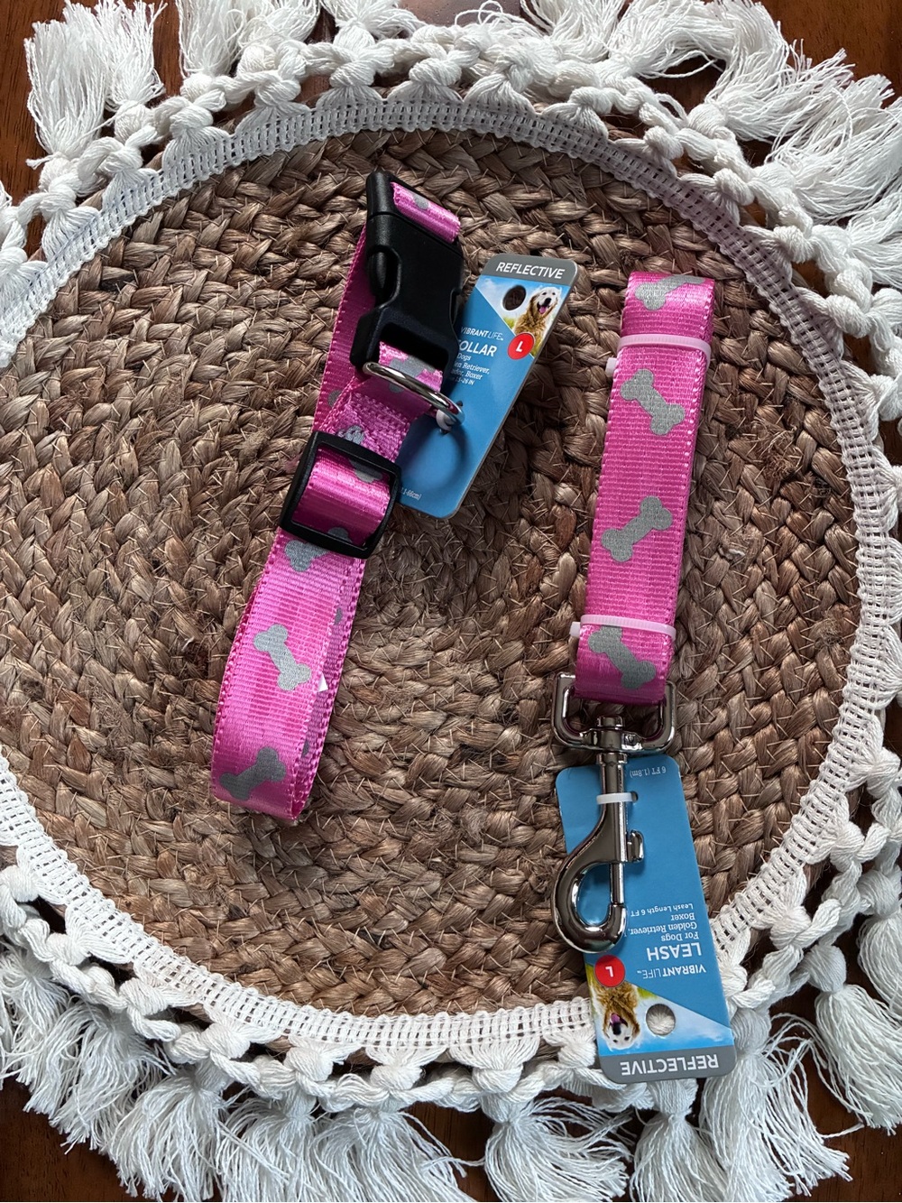 Pink Reflective Dog Collar and Leash Set with Bone Print